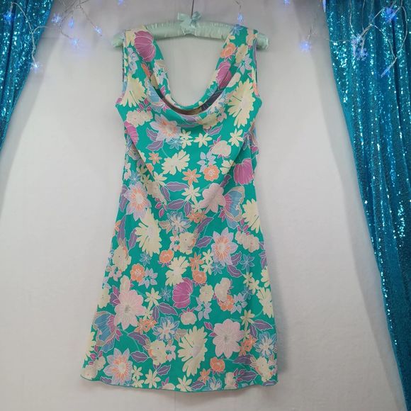 NWT See You Monday Dress Womens SZ M Cowl Neck Tied Halter Stretch Floral Print - Picture 1 of 16